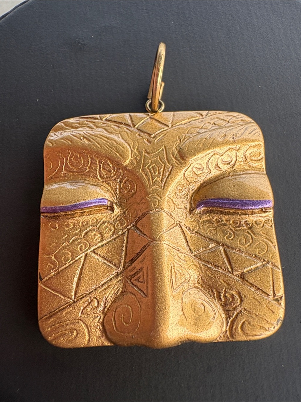 Artisan Face Mask Pendant Gold Tone Purple Statement Wearable Art vintage Y2K - Picture 3 of 12